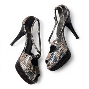 Stuart Weitzman Snakeskin Embossed Leather Peep Toe Stroppy Heels Size 6.5 Tan